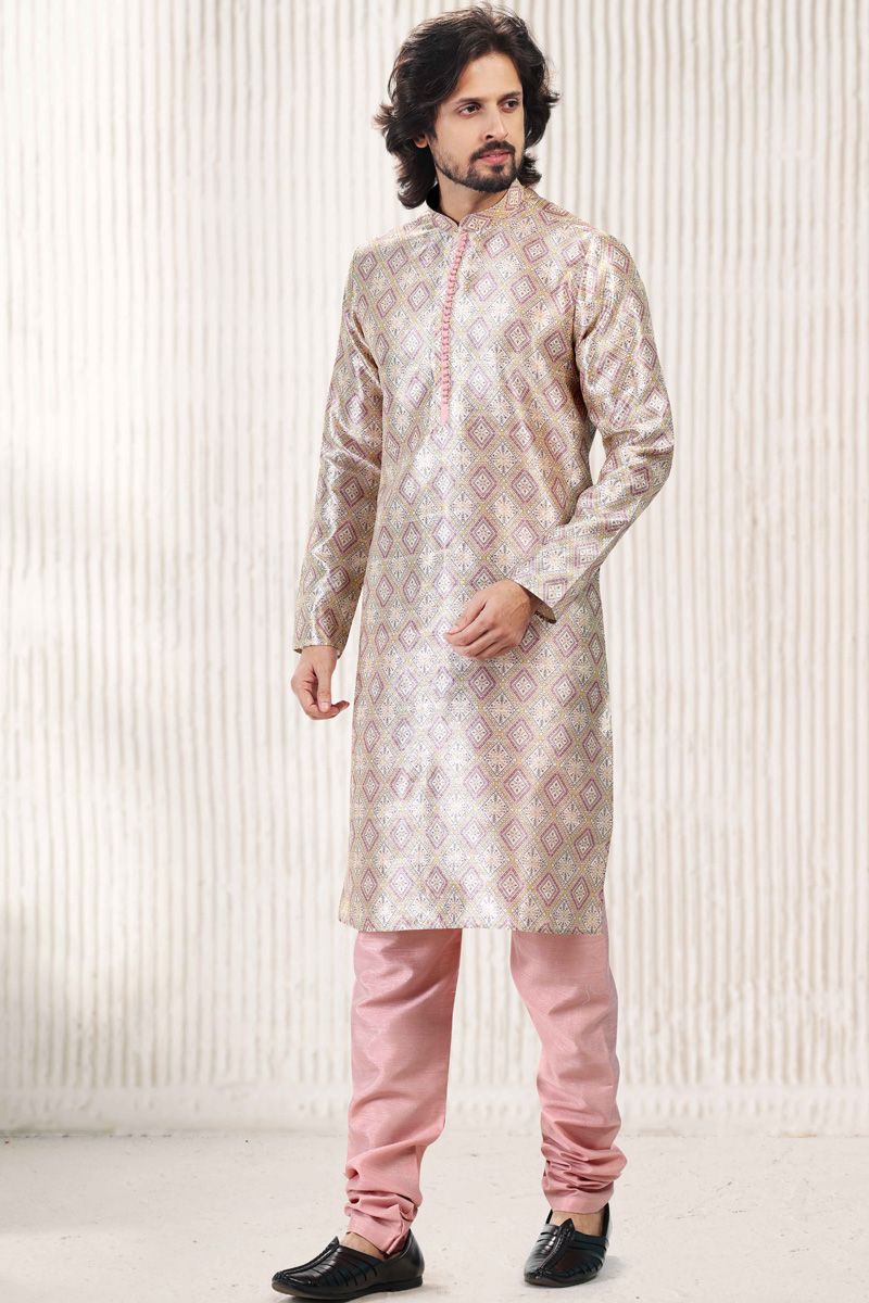 Cream Color Fancy Banarasi Art Silk Kurta Pyjama