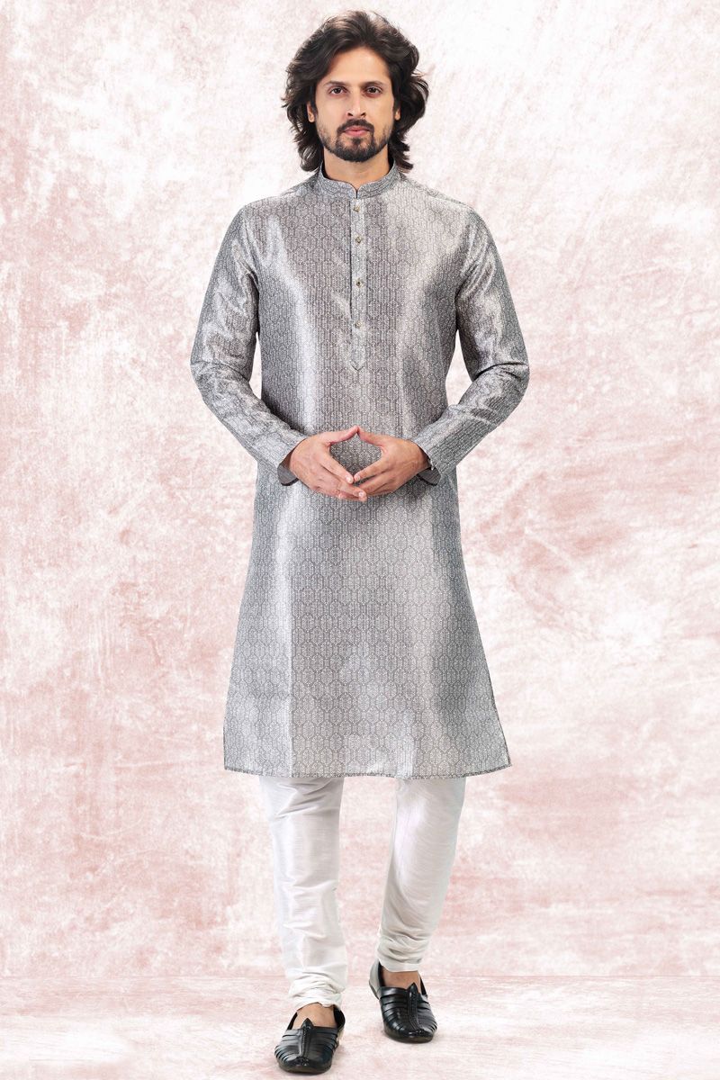 Banarasi Art Silk Kurta Pyjama In Grey Color