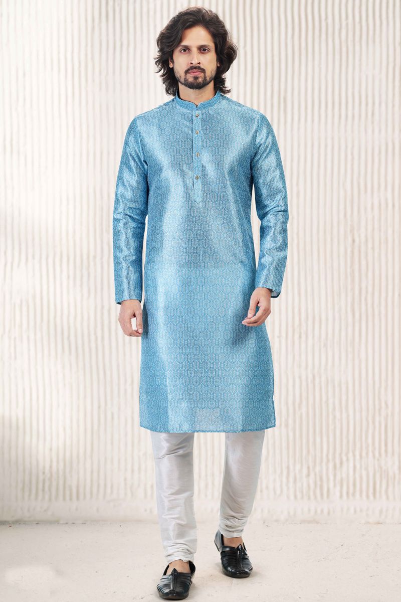 Kurta Pyjama Fancy Banarasi Art Silk In Cyan Color