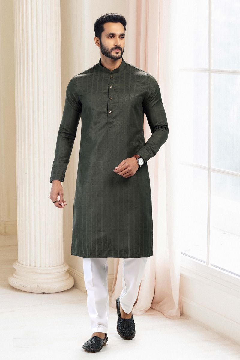 Art Silk Olive Kurta Pyjama Set for Men