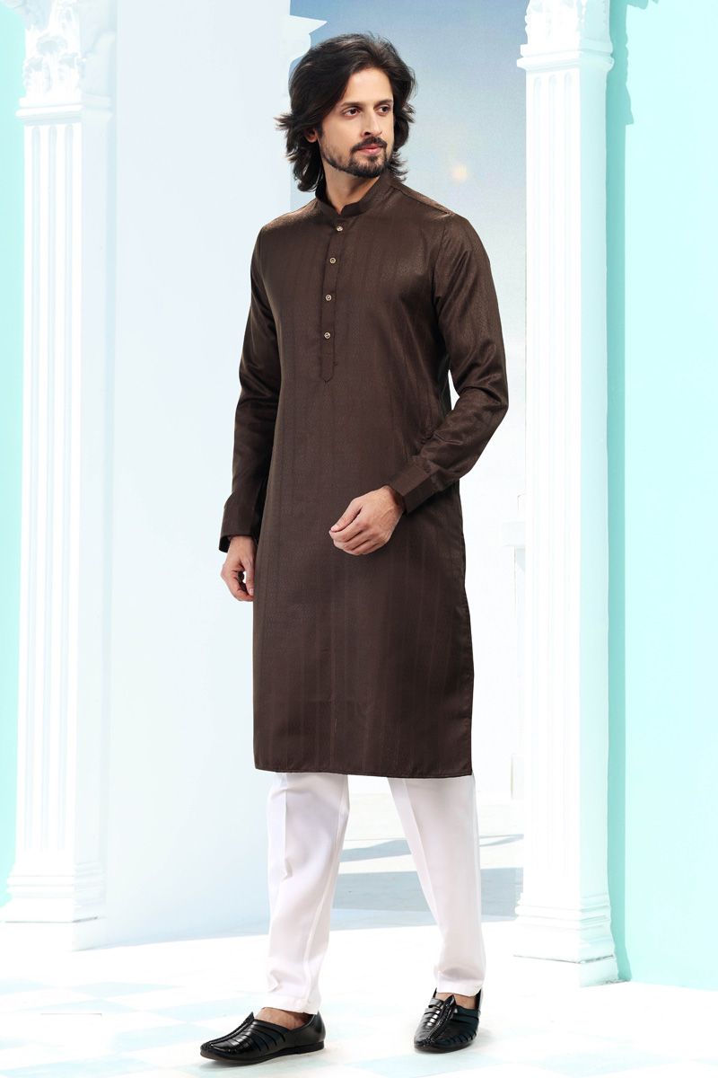 Art Silk Brown Kurta Pyjama Set for Men