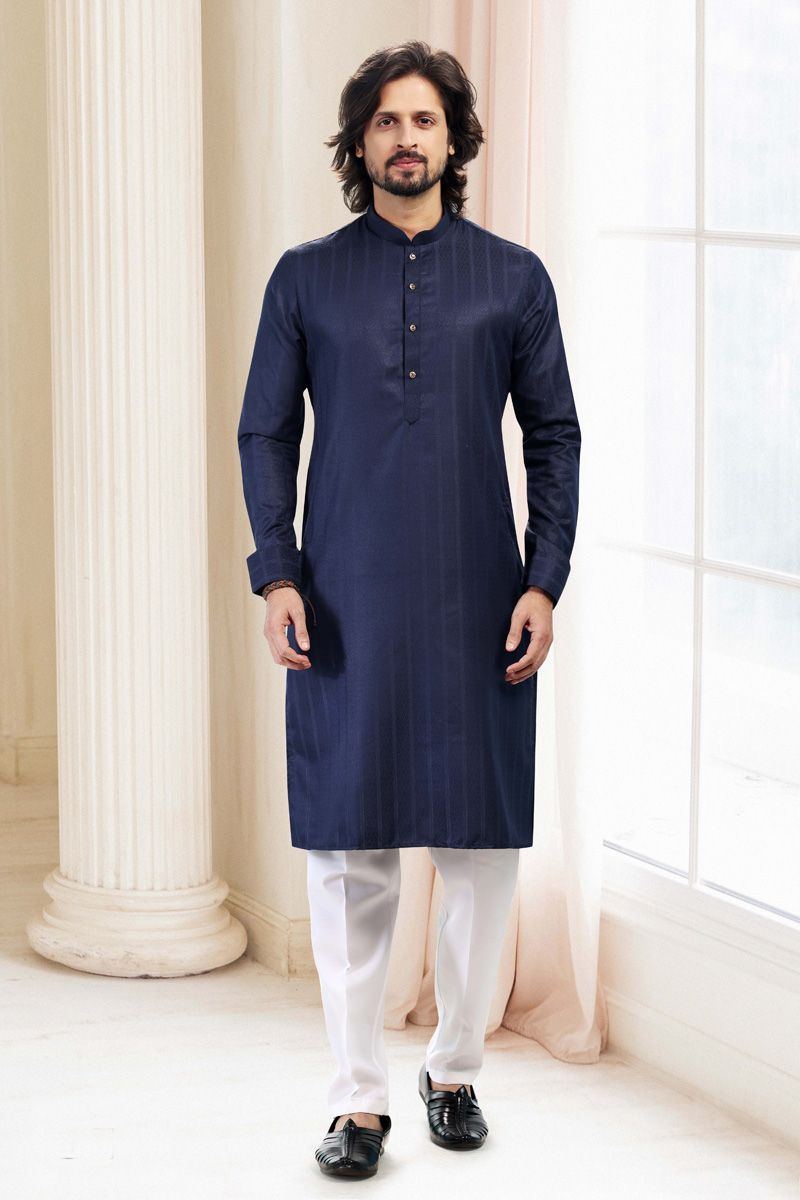 Festive Wear Navy Blue Art Silk Kurta Pyjama Set for Men