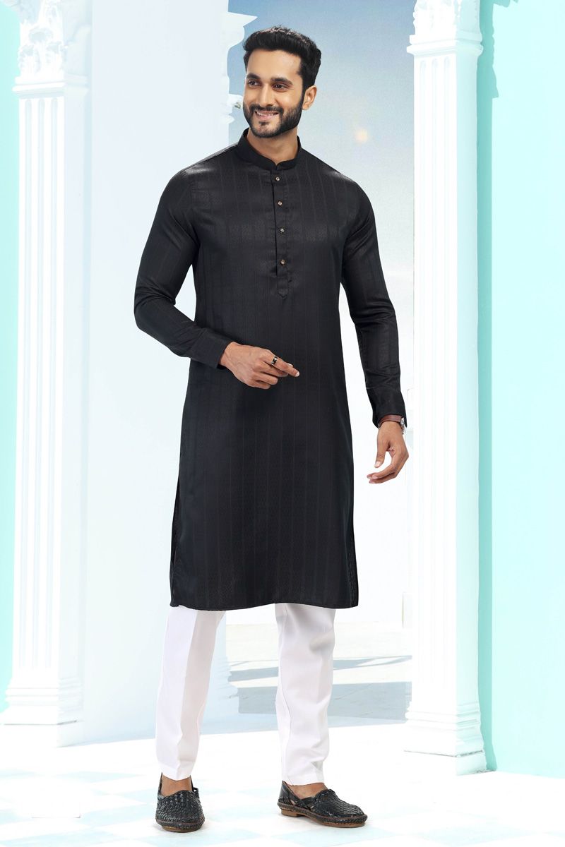 Black Designer Art Silk Kurta Pyjama Set for Men