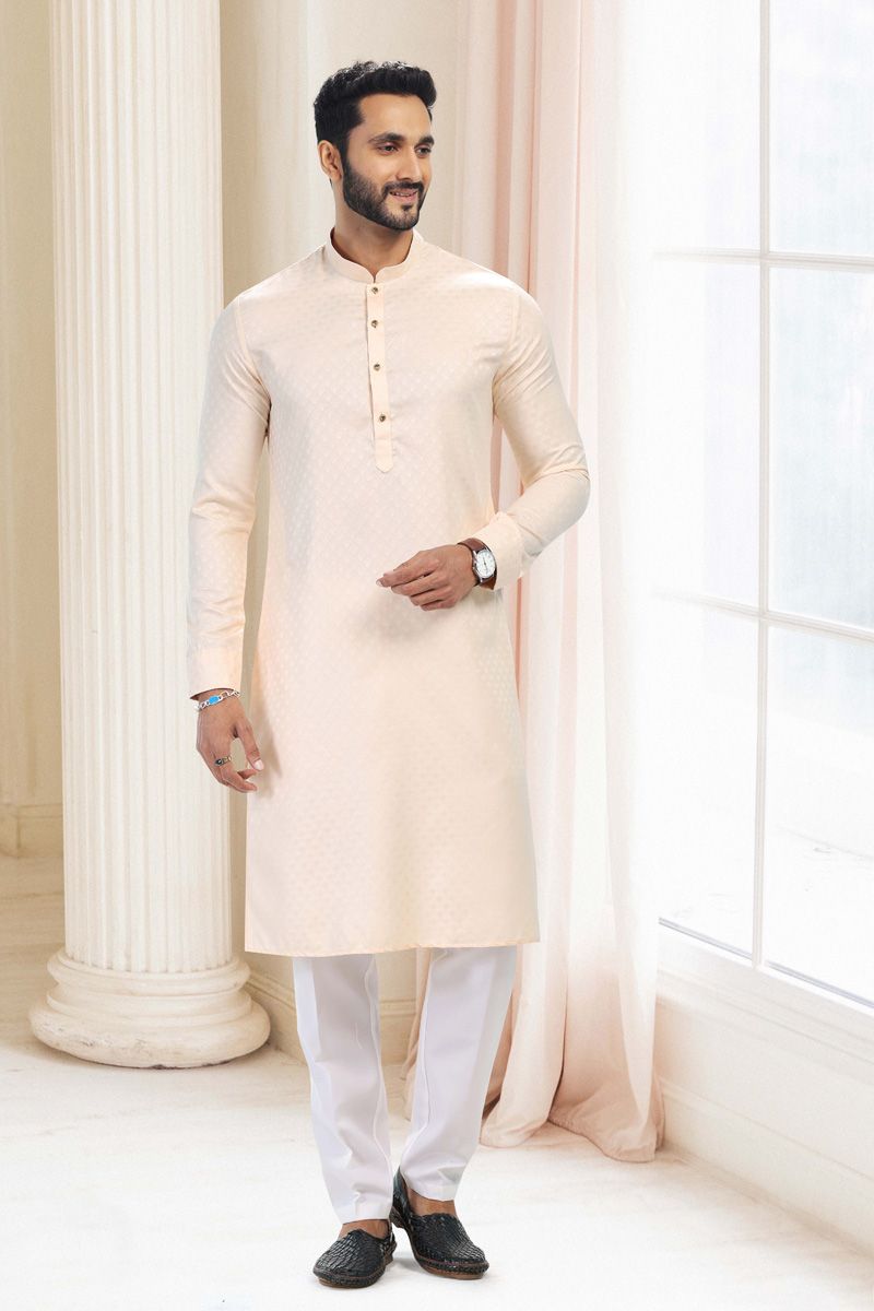 Cream Art Silk Kurta Pyjama for Men