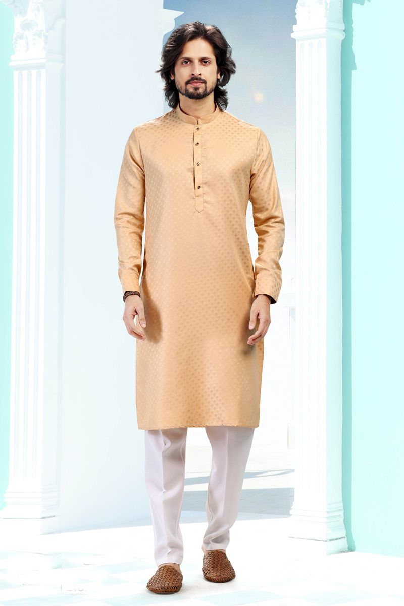 Beige Art Silk Kurta Pyjama Set for Men