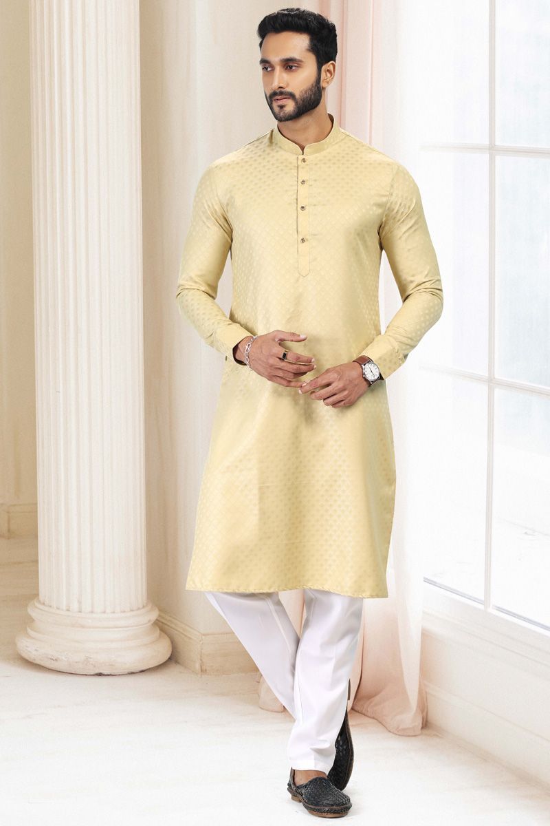 Yellow Art Silk Kurta Pyjama Set for Men