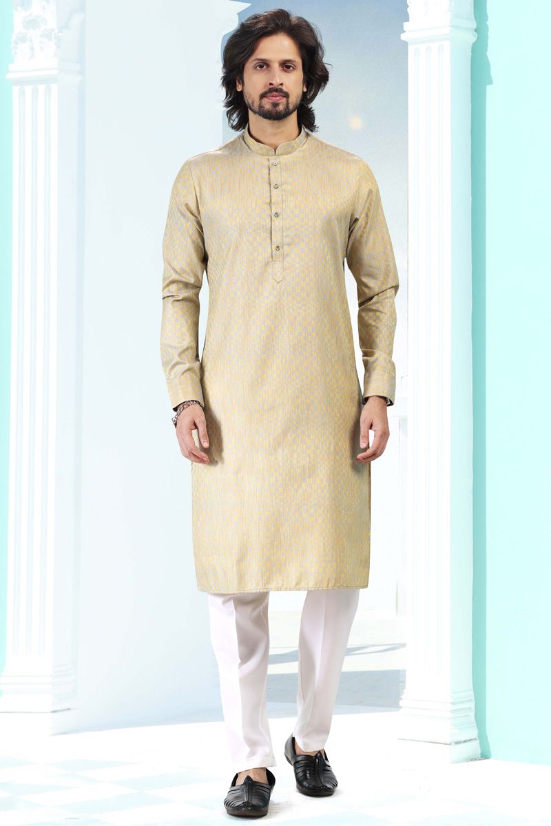 Traditional Art Silk Beige Kurta Pyjama Set for Men