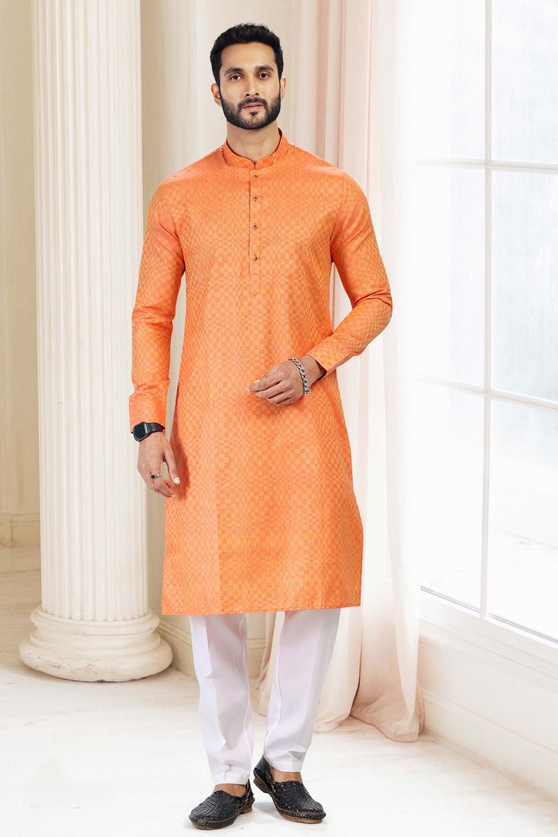 Ethnic Art Silk Orange Kurta Pyjama Set for Men