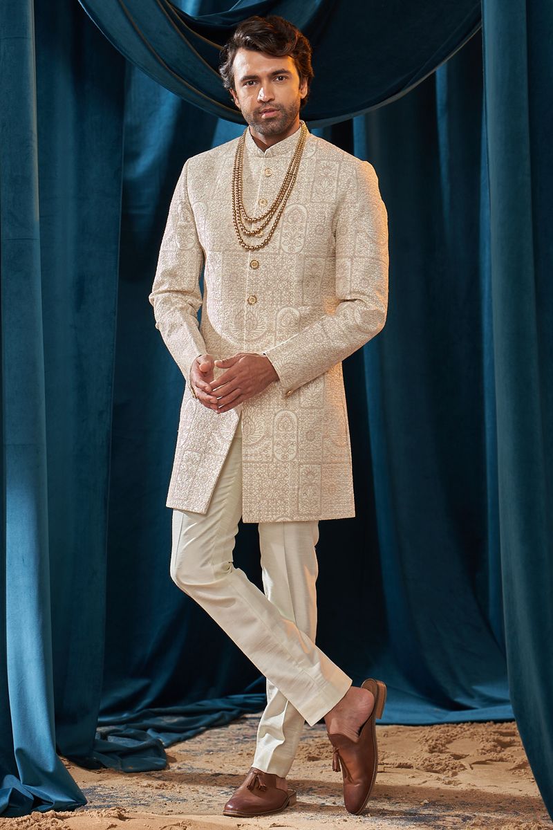 Silk Fabric Off White Color Wedding Wear Self Patterned Readymade Indo Western Set For Men