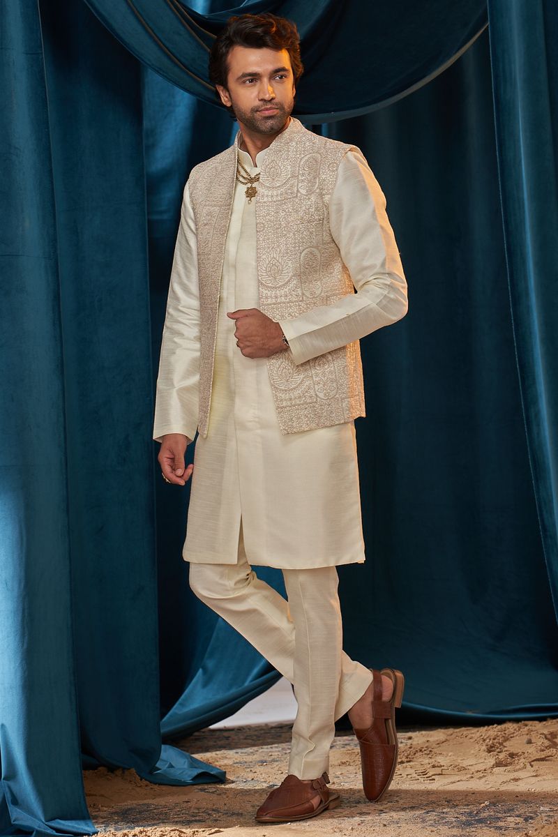 Beige Color Readymade Silk Fabric Wedding Wear Gorgeous Indo Western Sherwani For Men