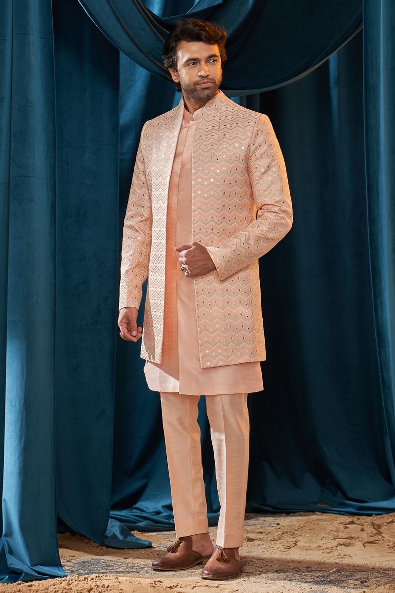 Stunning Peach Color Readymade Indo Western Sherwani Set Embroidered In Silk Fabric