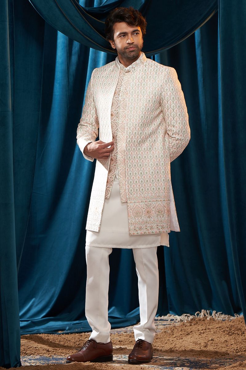 Asymmetric Embroidered Satin Fabric White Color Indo Western Sherwani For Men