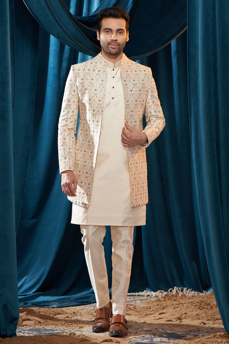 Embroidered Cream Color Silk Fabric Wedding Wear Readymade Indo Western For Men