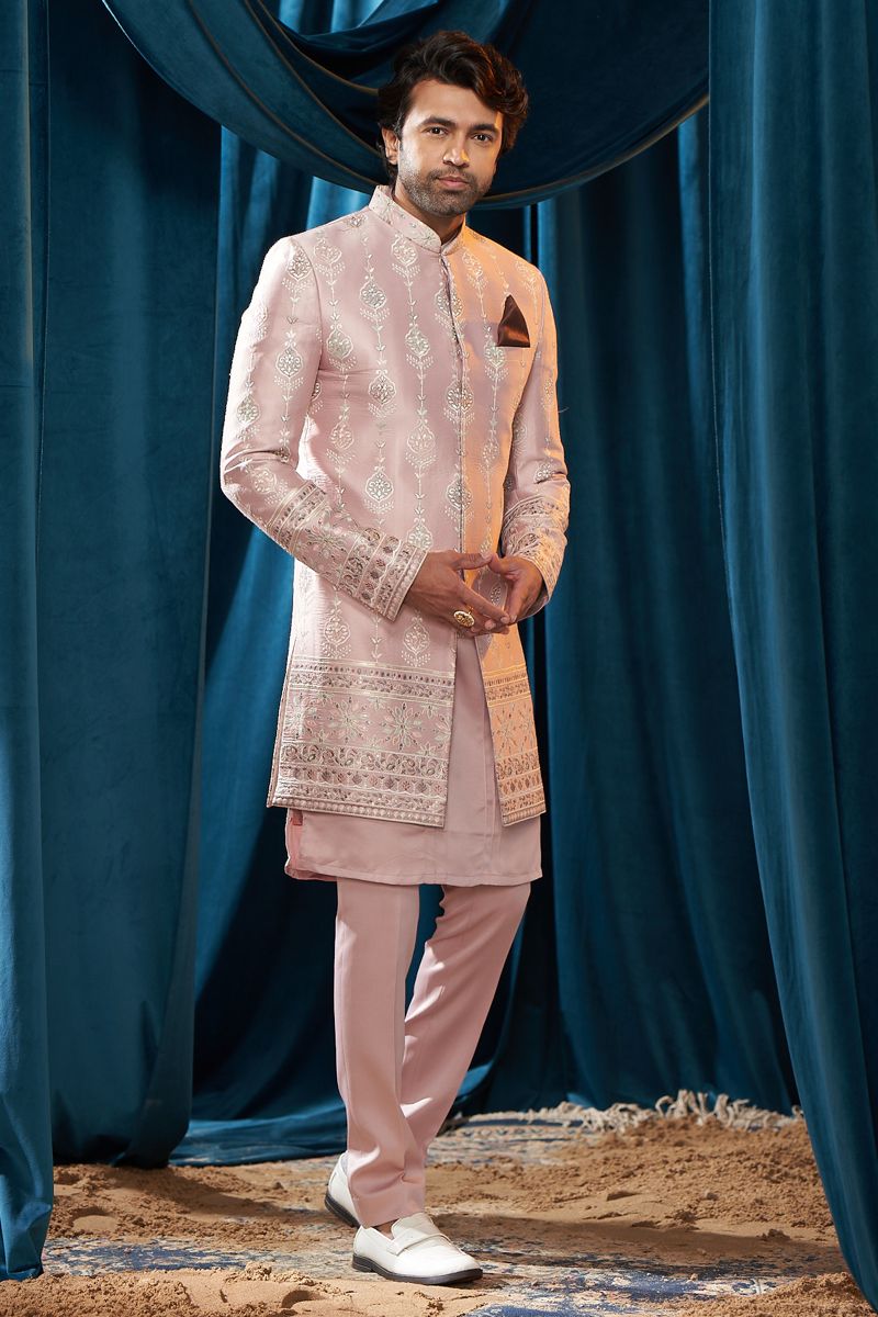 Satin Fabric Embroidered Pink Color Wedding Wear Readymade Men Stylish Indo Western