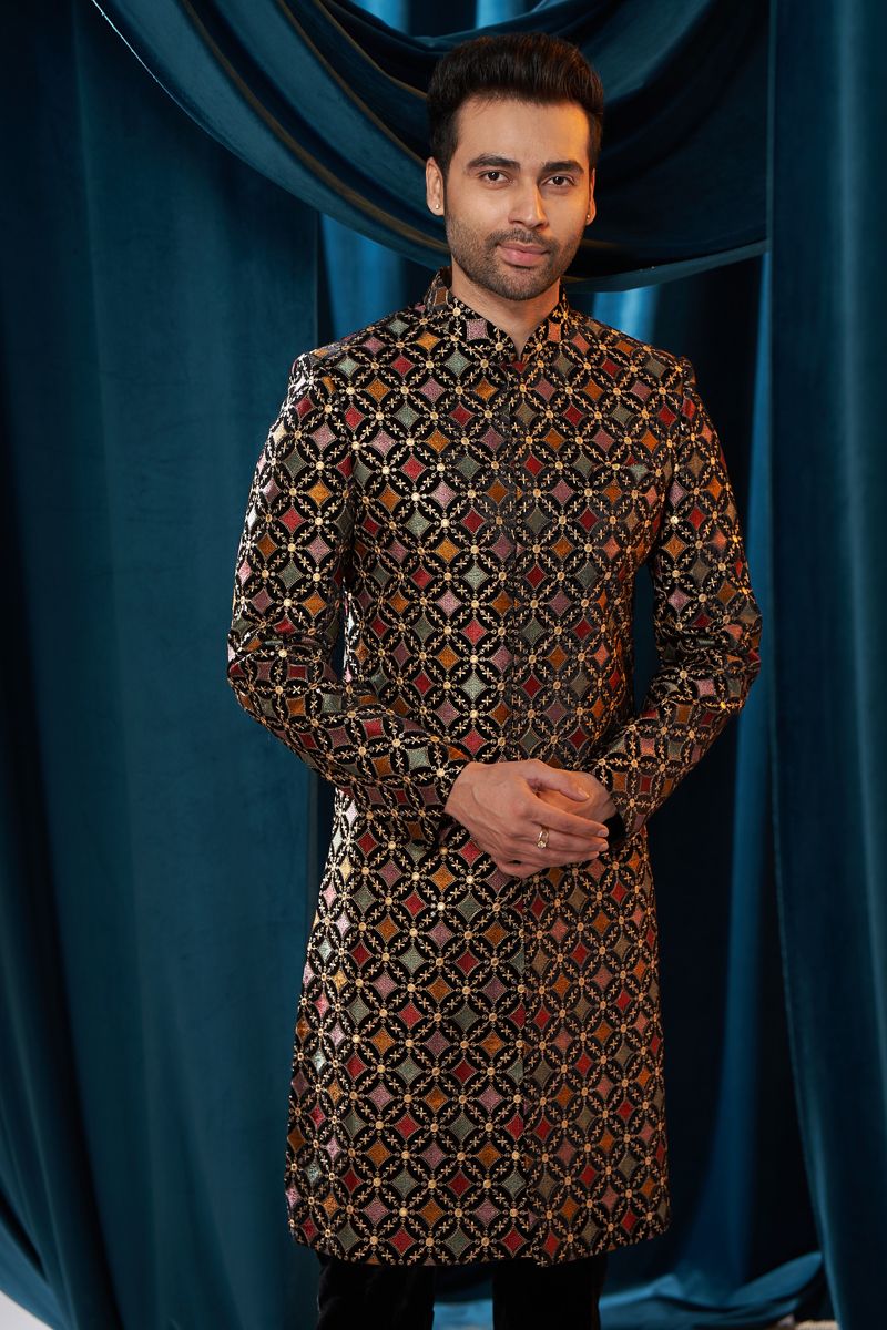 Multi Color Velvet Fabric Embroidered Wedding Wear Trendy Readymade Indo Western For Men