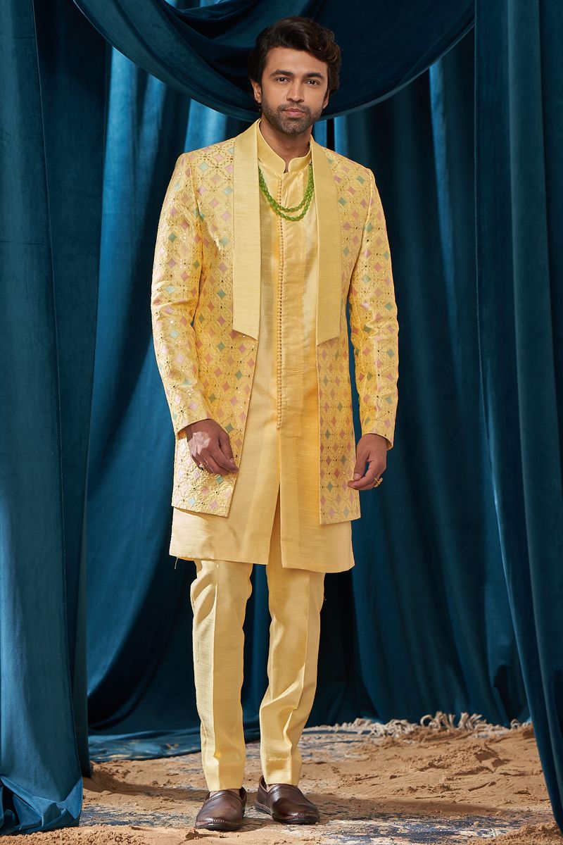 Silk Stunning Yellow Color Wedding Wear Readymade Men Indo Western With Embroidered Work