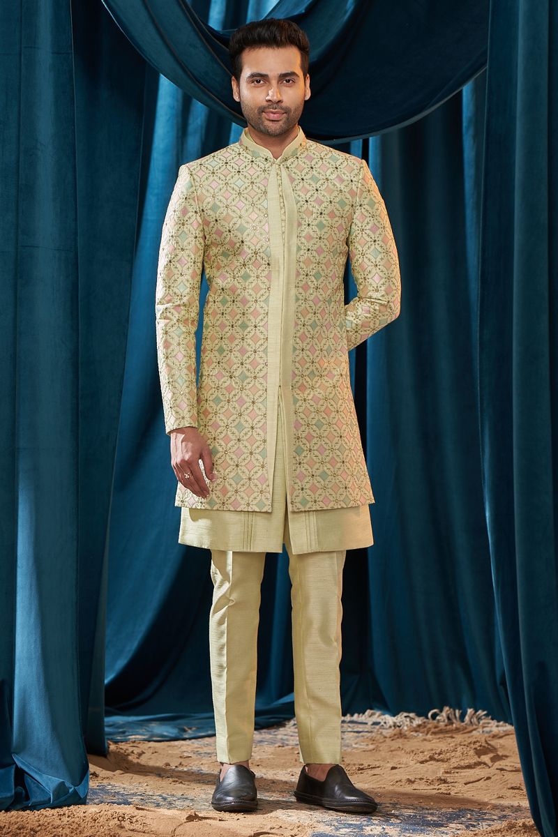 Silk Sea Green Wedding Wear Readymade Lovely Embroidered Indo Western For Men