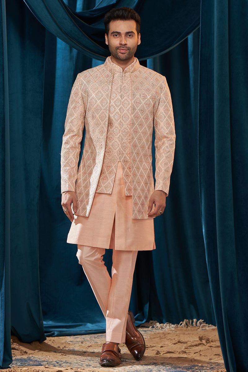 Pretty Silk Fabric Wedding Wear Readymade Men Indo Western In Pink Color Embroidered Work