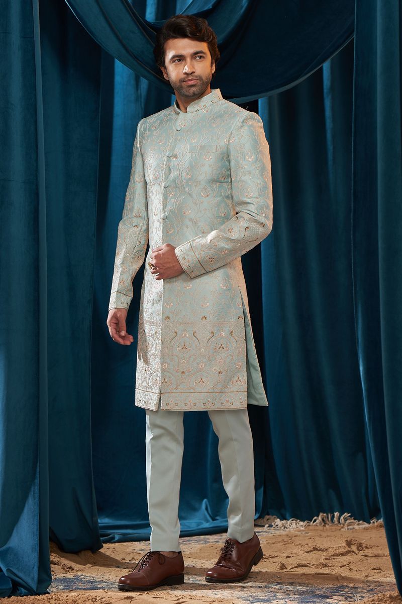 Beautiful Light Blue Color Wedding Wear Embroidered Readymade Indo Western For Men In Satin Fabric