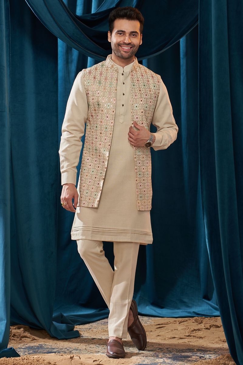 Linen Wedding Wear Embroidered Attractive Readymade Men Indo Western In Cream Color