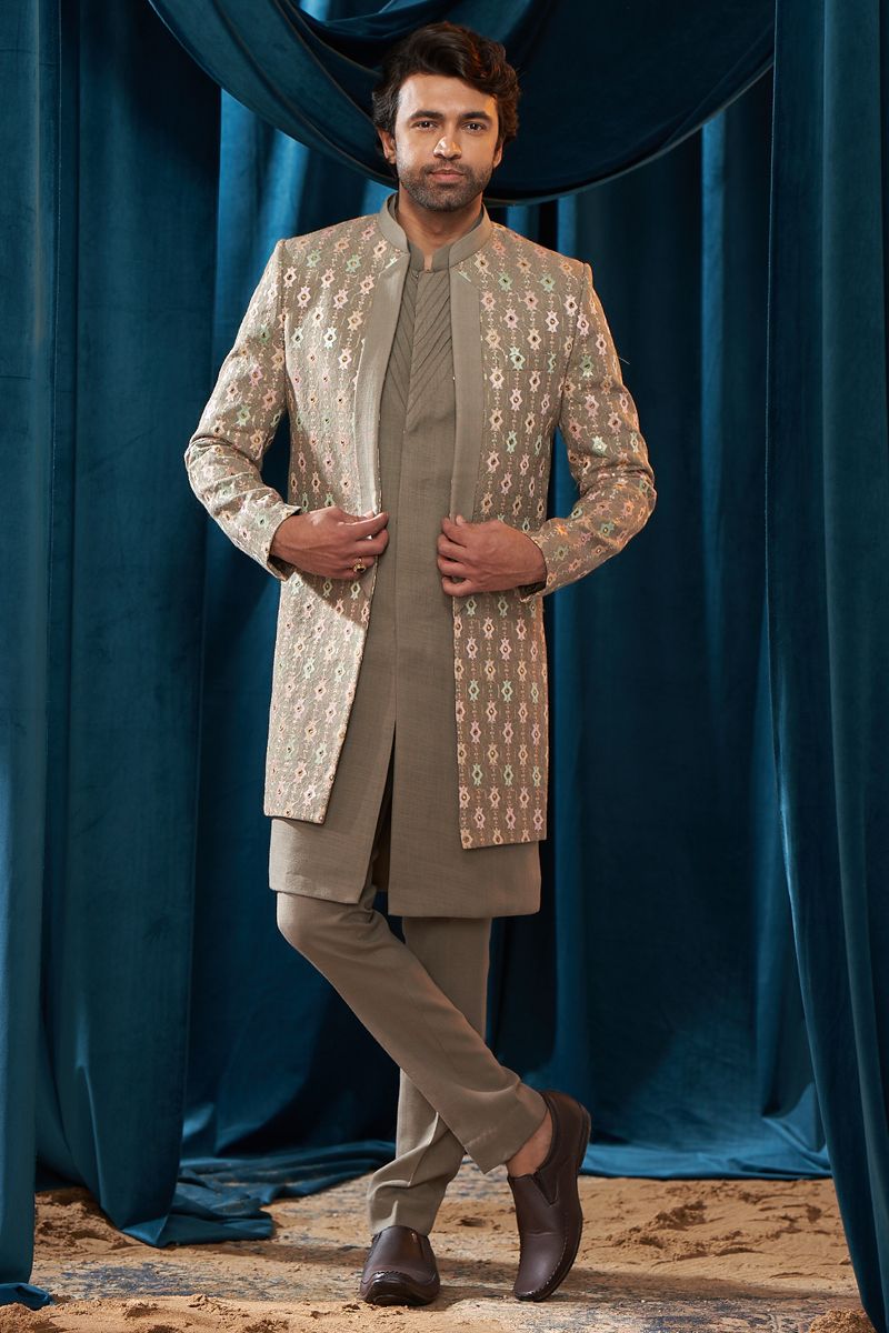 Dark Beige Embroidered Wedding Wear Readymade Glamorous Indo Western For Men In Linen Fabric