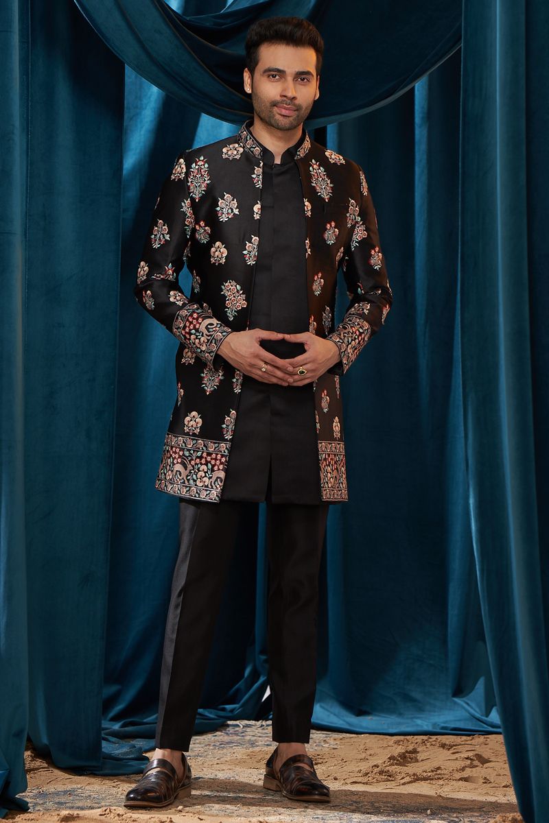 Embroidered Black Satin Fabric Graceful Readymade Men Indo Western For Wedding Wear