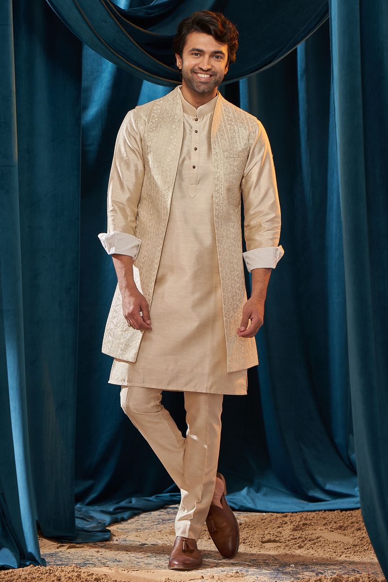 Silk Fabric Heavy Embroidered Cream Color Wedding Wear Designer Readymade Indo Western For Men