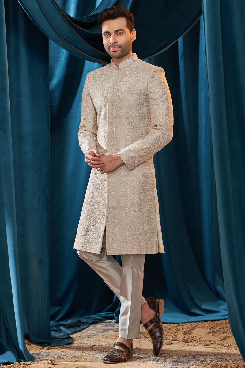 Grey Color Wedding Wear Silk Fabric Designer Heavy Embroidered Readymade Indo Western For Men