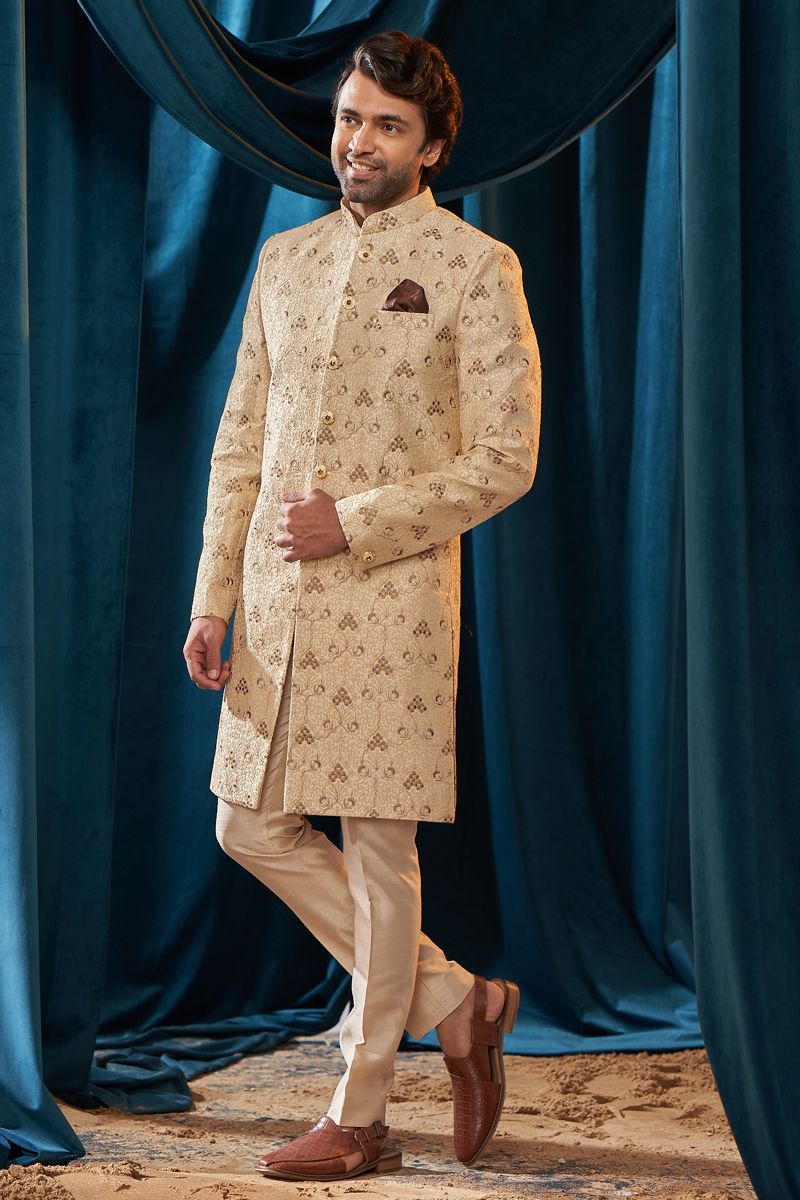 Wedding Wear Silk Fabric Designer Heavy Embroidered Readymade Indo Western For Men In Cream Color