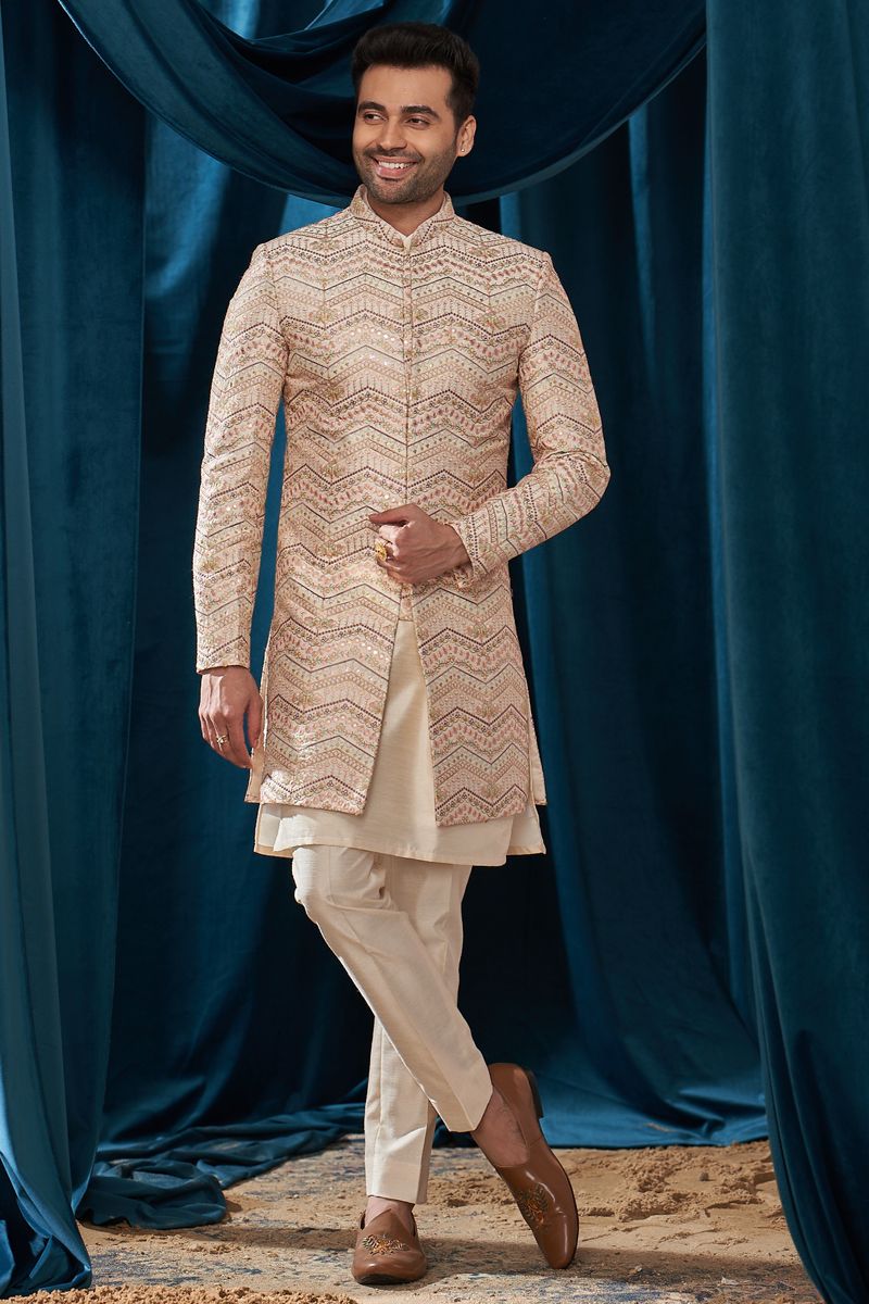 Silk Fabric Designer Heavy Embroidered Wedding Wear Readymade Indo Western For Men In Cream Color