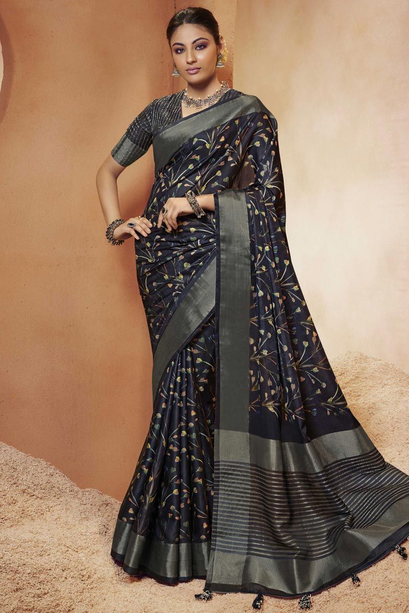 Digital Printed Art Silk Classic Saree in Navy Blue