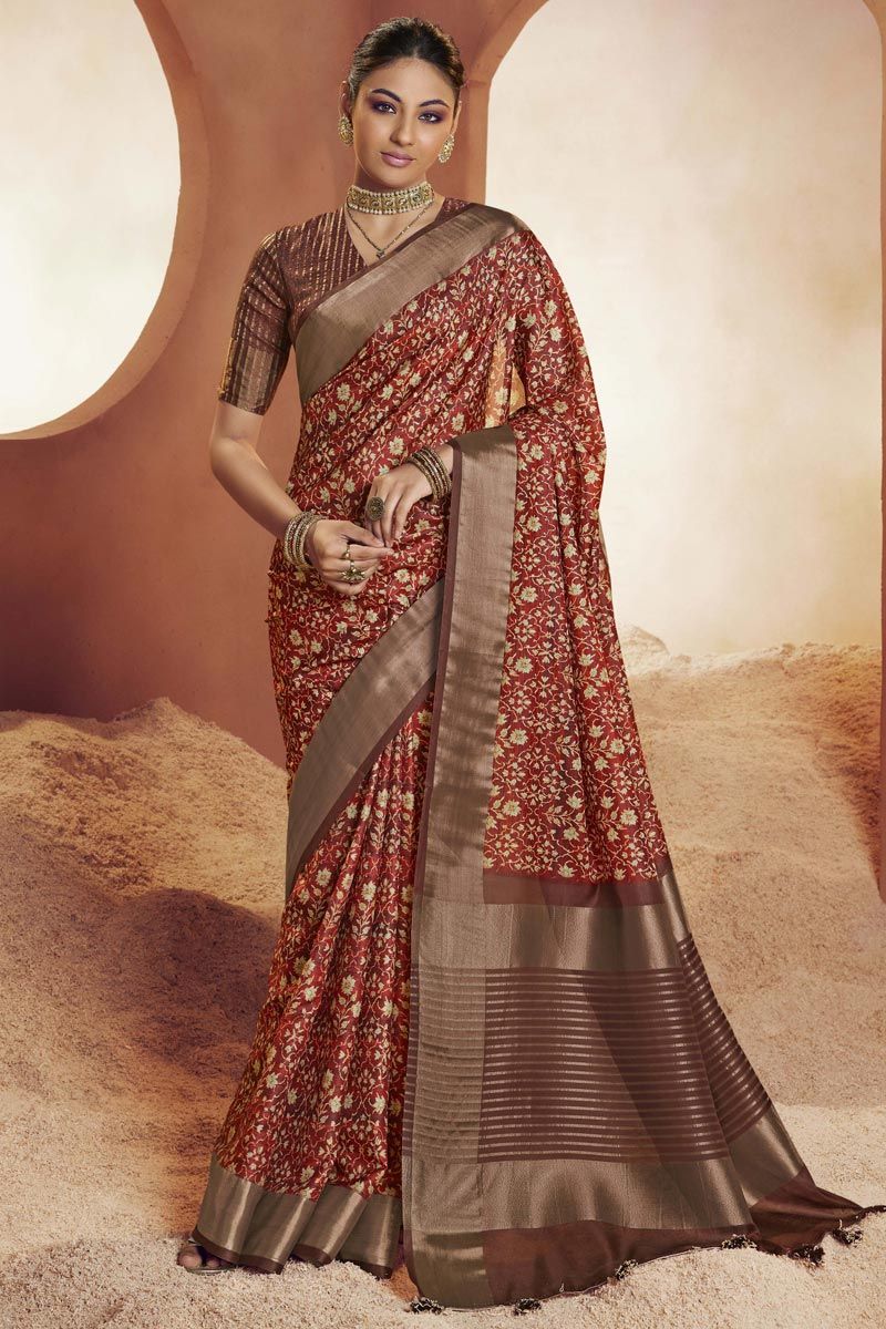 Red Color Digital Printed Work Function Wear Designer Saree