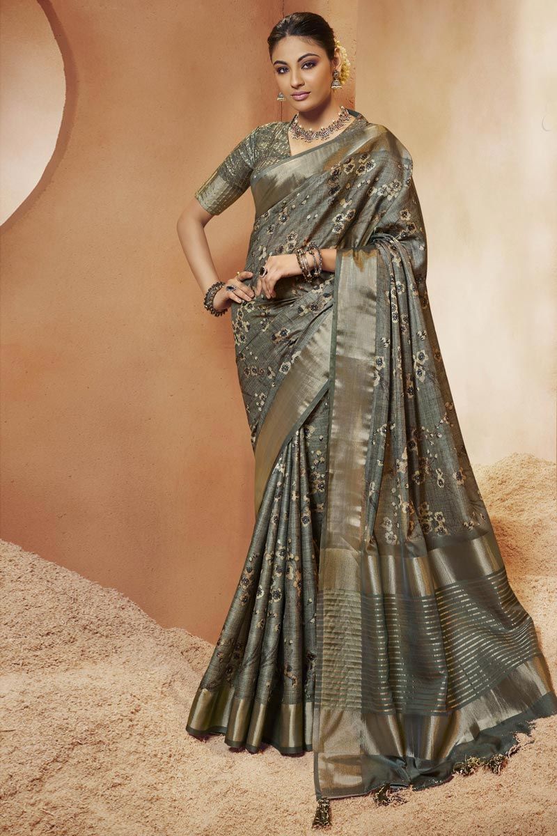 Art Silk Grey Digital Printed Classic Saree