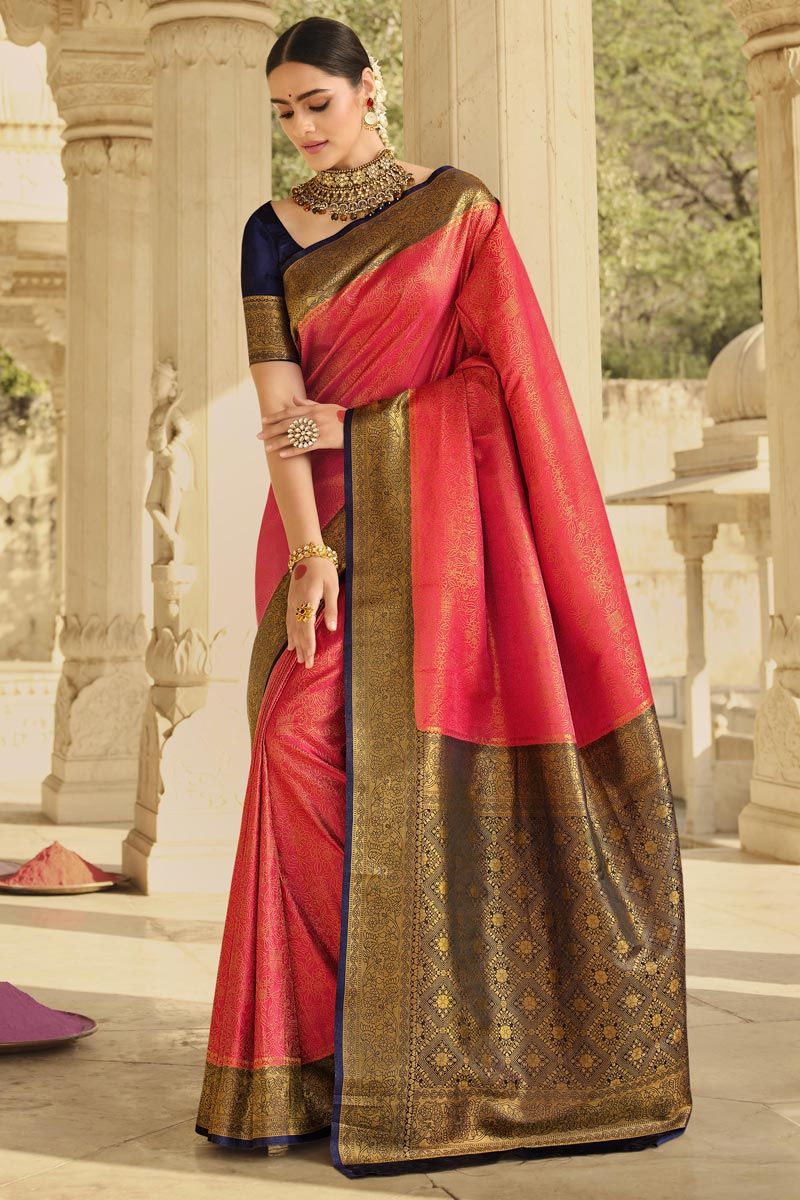 Jacquard Work Mesmeric Art Silk Saree In Pink Color