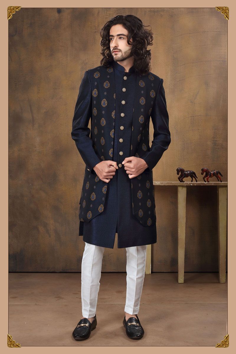 Wedding special Appealing Navy Blue Color Jacquard Indo Western