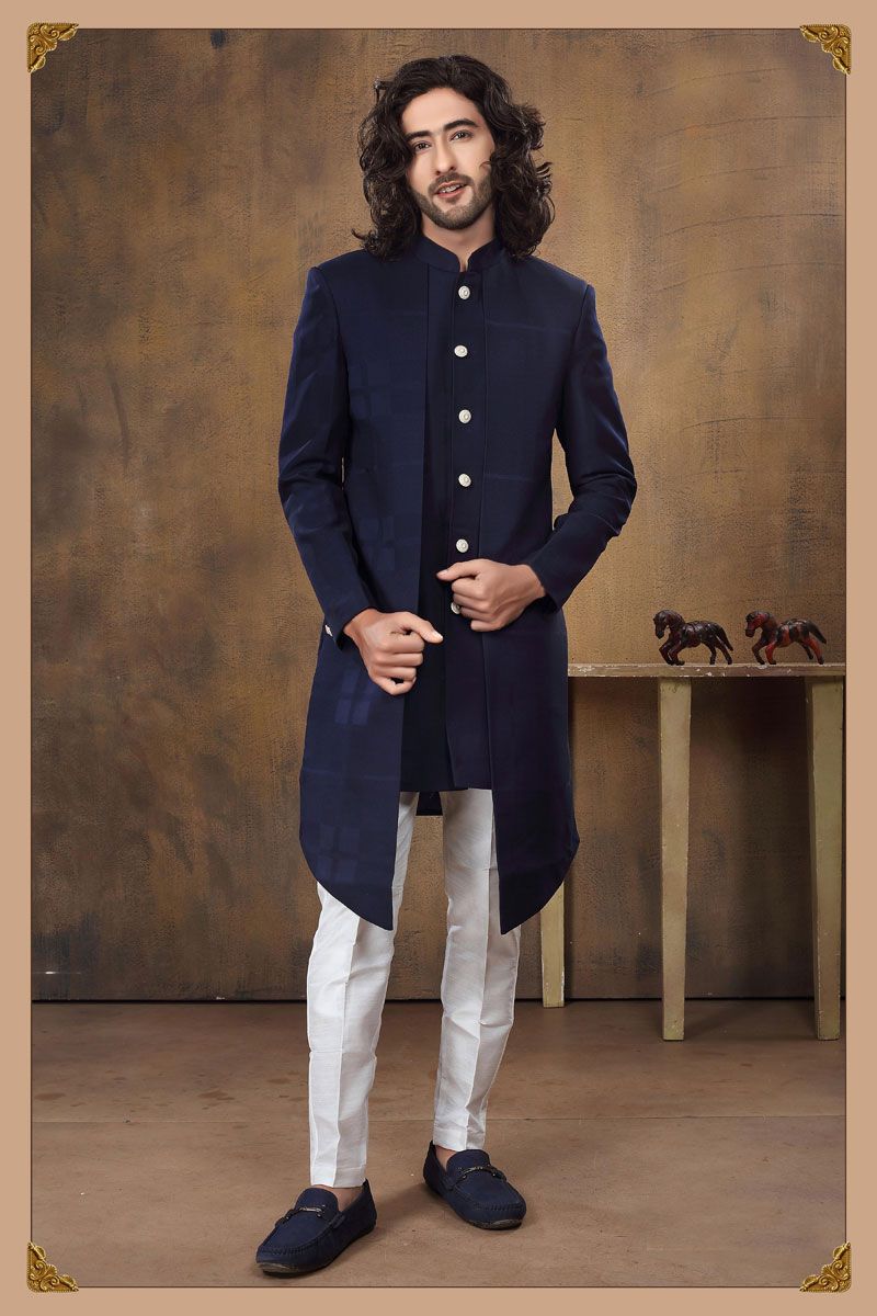 Navy Blue Color Fancy Striking Indo Western for Wedding look