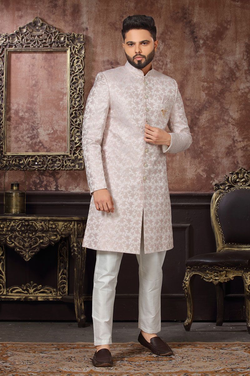 Appealing Off White Jacquard Readymade Indo Western