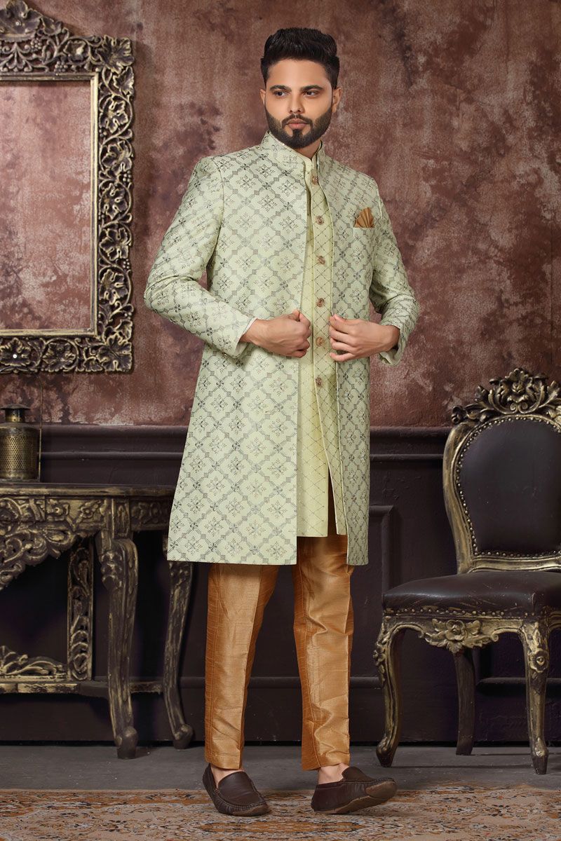 Fetching Jacquard Readymade Indo Western In Sea Green Color