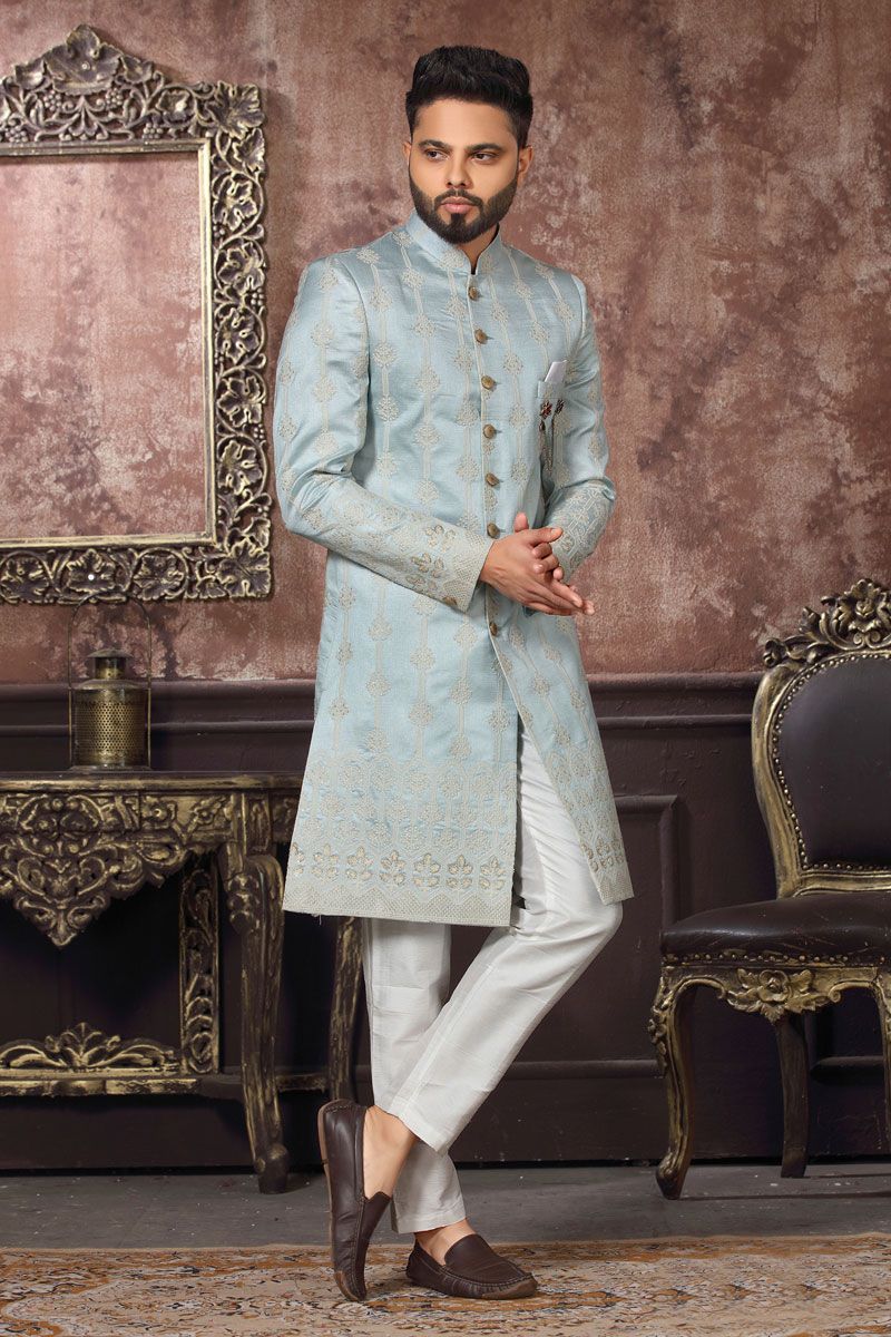 Striking Light Cyan Jacquard Readymade Indo Western