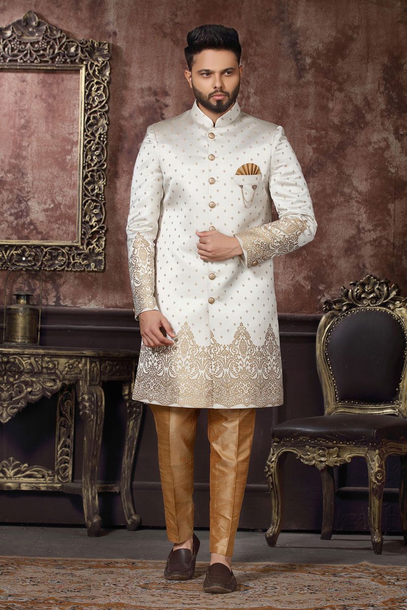 Blissful Cream Jacquard Readymade Indo Western