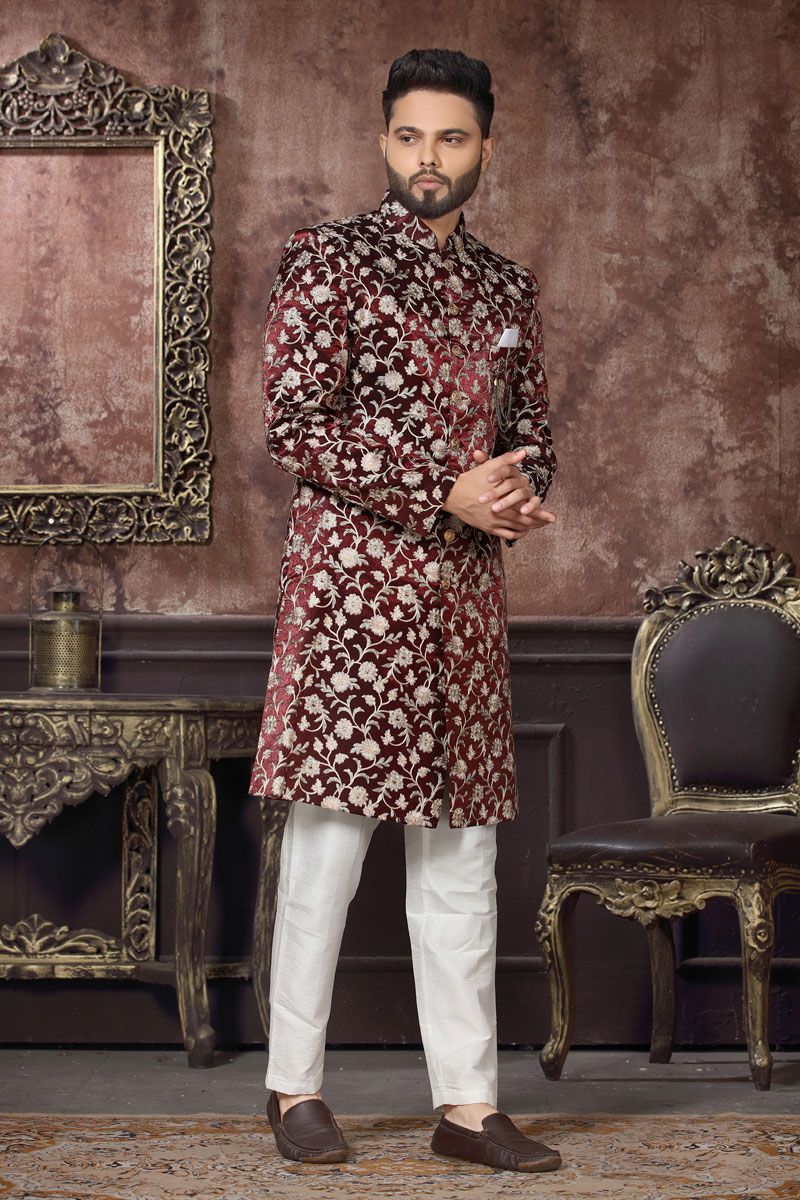 Attractive Maroon Readymade Indo Western In Velvet Fabric