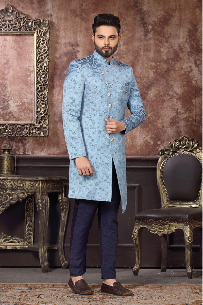 Enriching Sky Blue Readymade Jacquard Indo Western