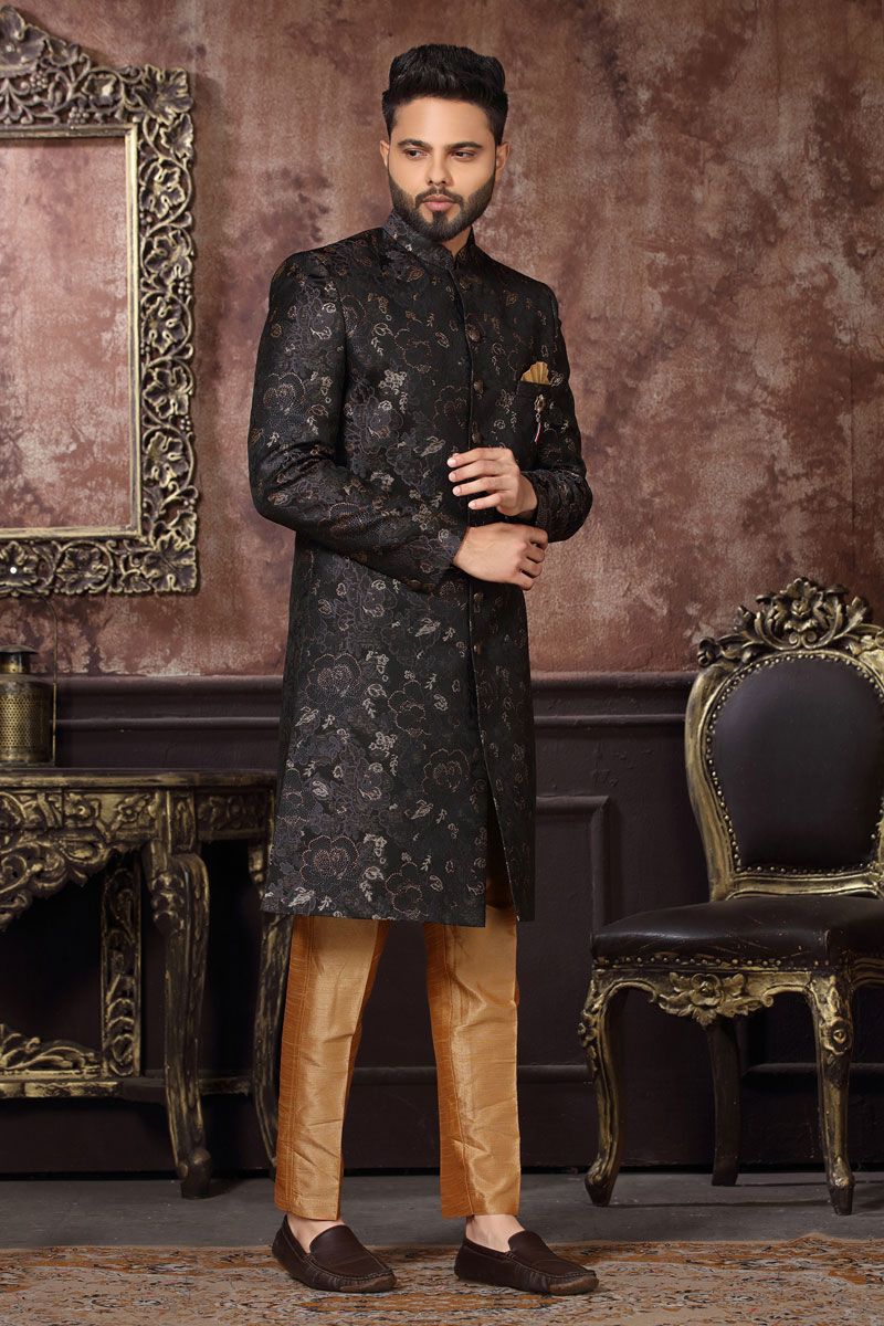 Splendiferous Black Jacquard Readymade Indo Western