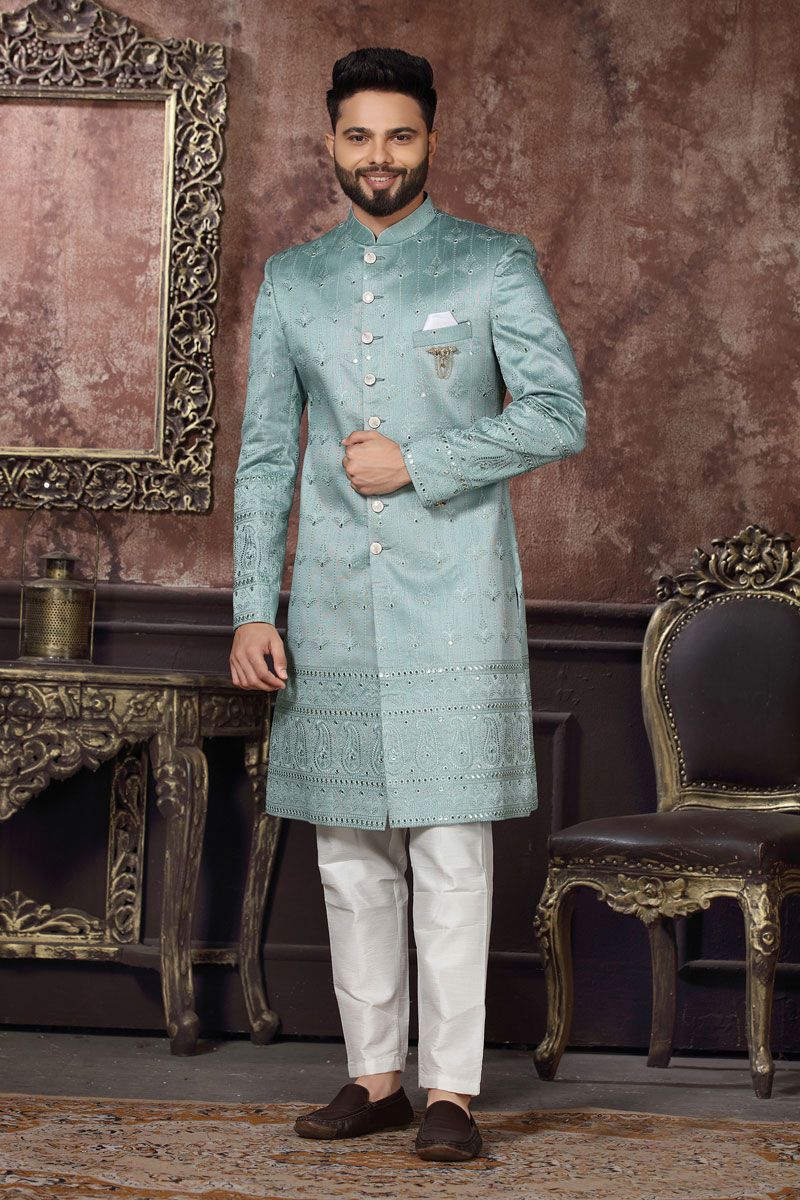 Readymade Majestic Light Cyan Jacquard Indo Western