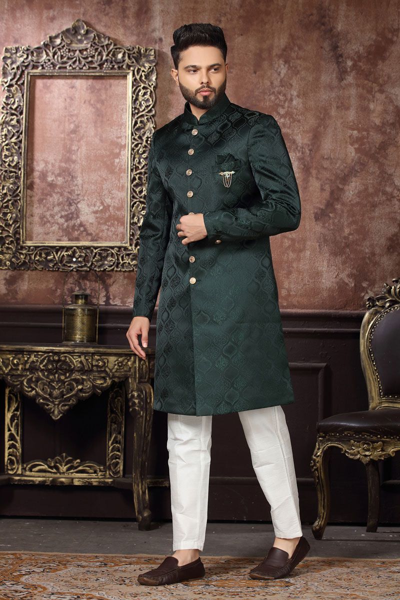 Remarkable Dark Green Jacquard Readymade Indo Western