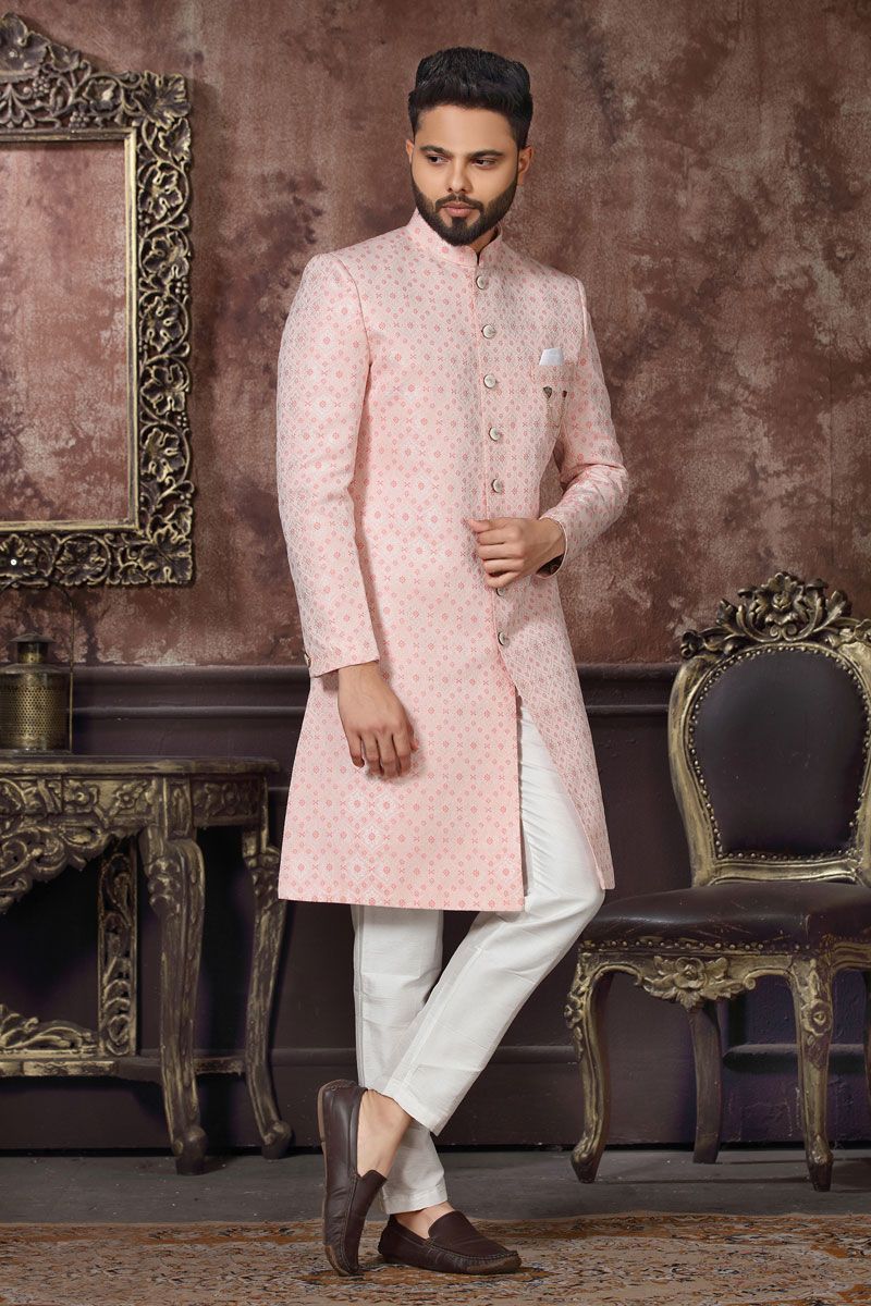 Graceful Pink Jacquard Readymade Indo Western