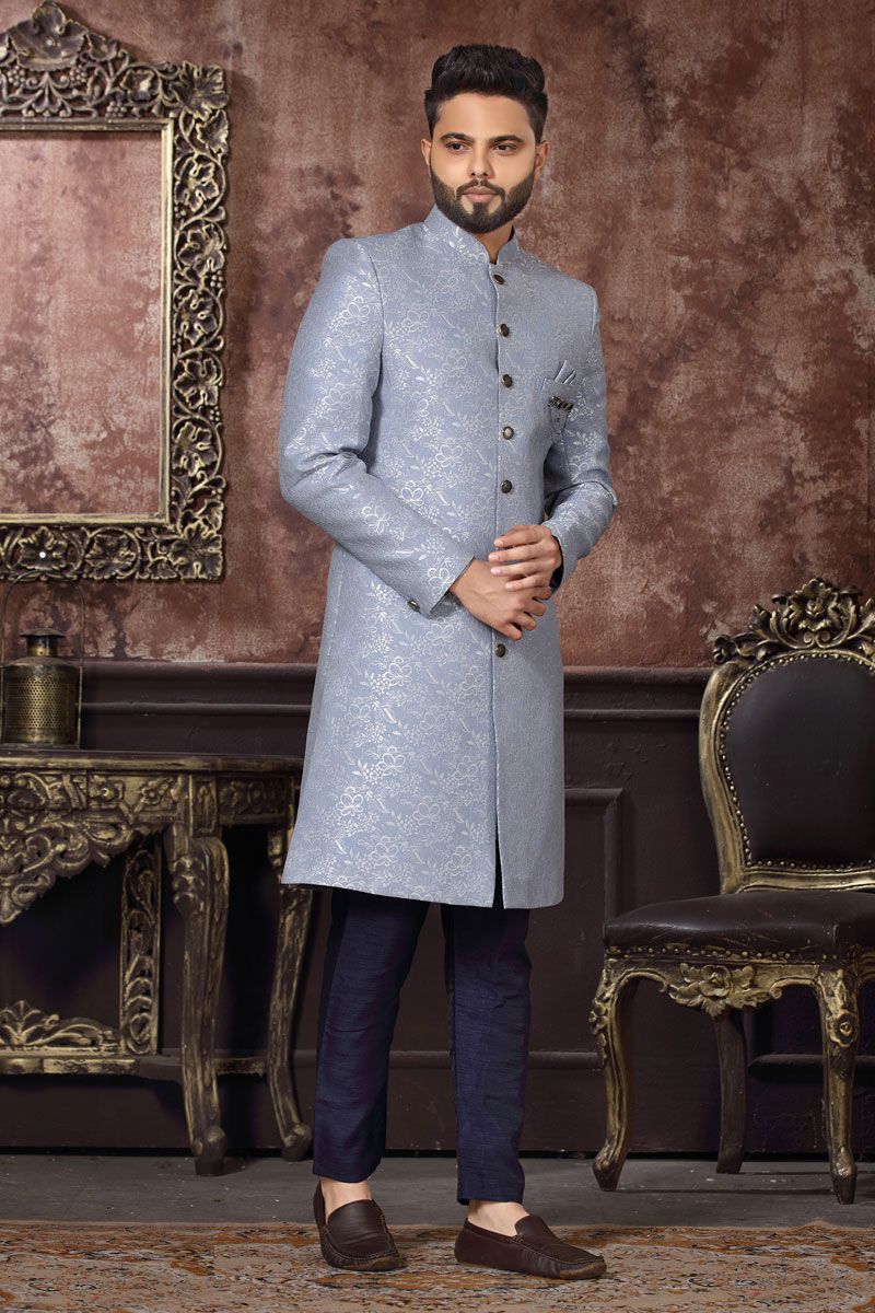 Intriguing Blue Readymade Indo Western In Jacquard Fabric