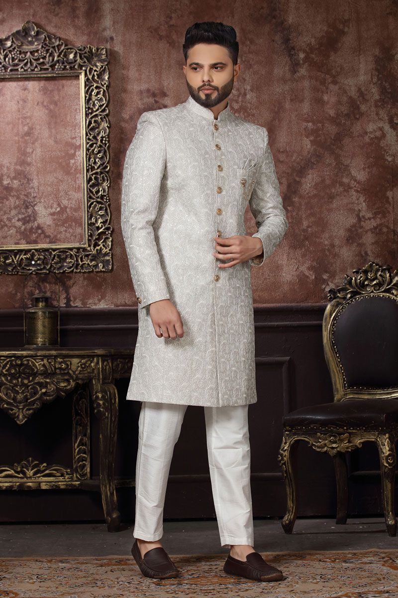 Readymade Off White Jacquard Royal Indo Western