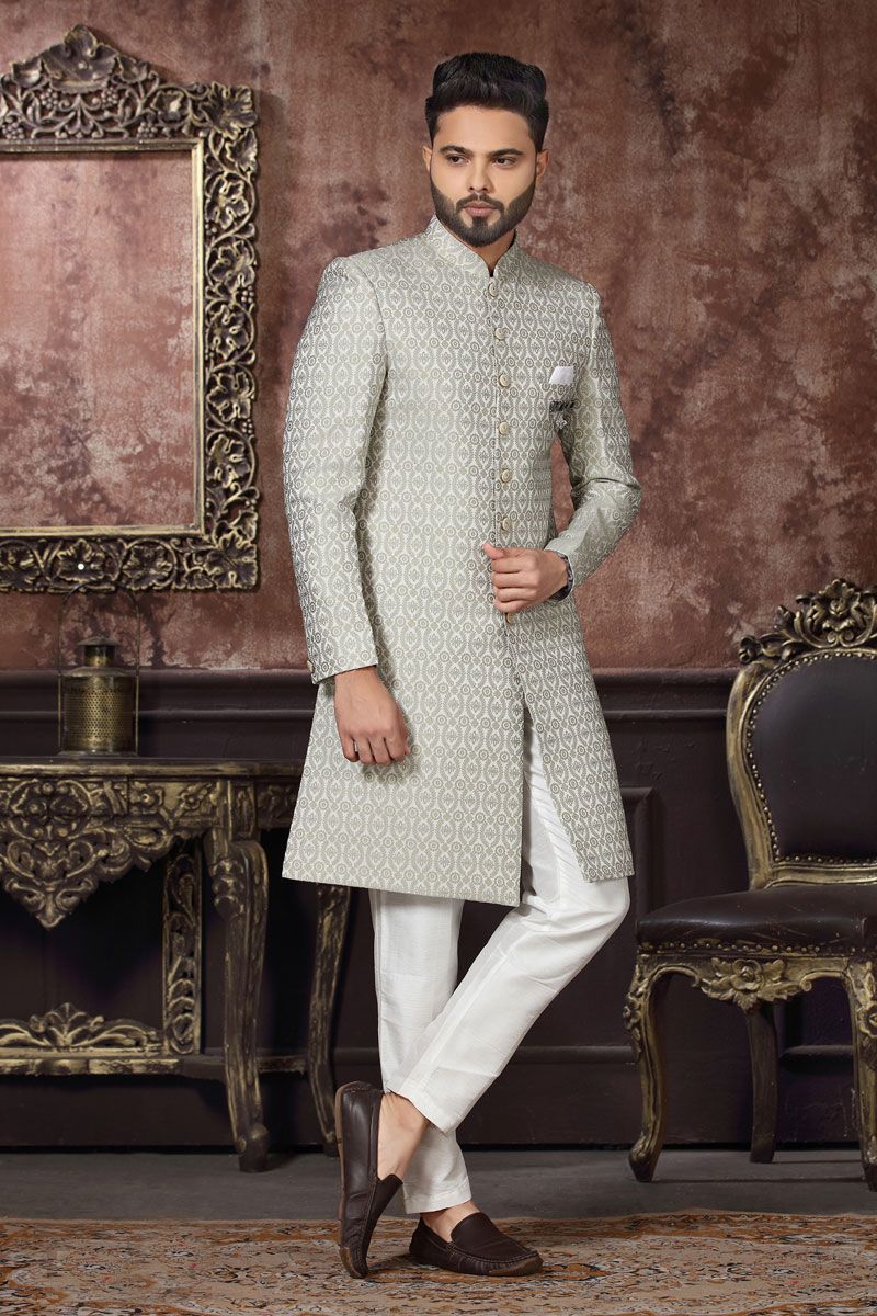 Enriching Off White Jacquard Readymade Indo Western