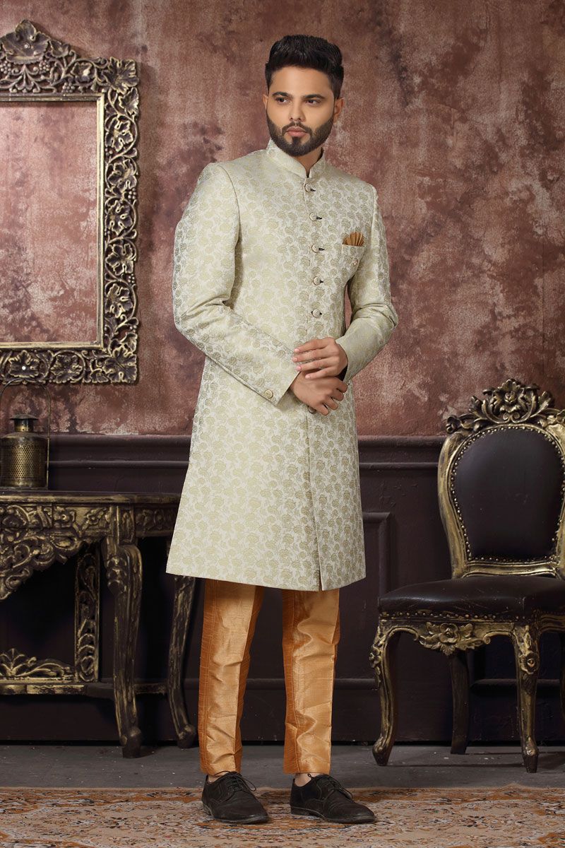 Mesmeric Off White Jacquard Readymade Indo Western